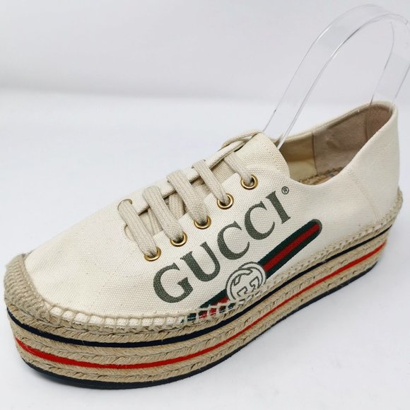 Gucci Canvas Logo Lace-up Wedge Espadrille Platform Shoes - Picture 1 of 13